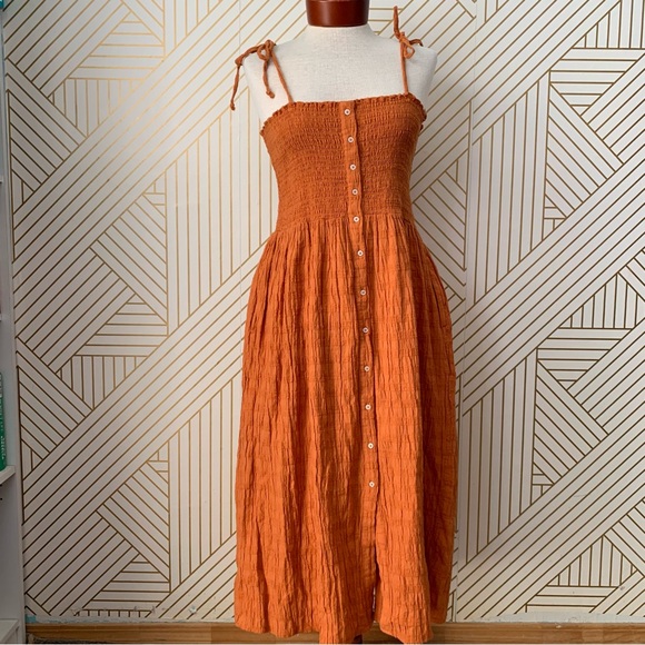 aerie Dresses & Skirts - Aerie NWT Smocked Button front up Midi Dress crinkled cinched bow shoulder strap